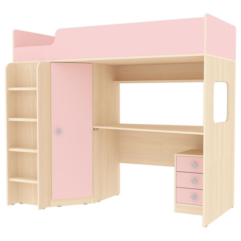 Кровать-чердак КарИВи Л-B605.41 с тумбой 80х190  Дуб Молочный Розовый