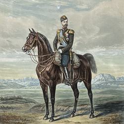 Конный портрет императора Николая II по оригиналу барона Корфа [1895 г.]. Хромолитография.