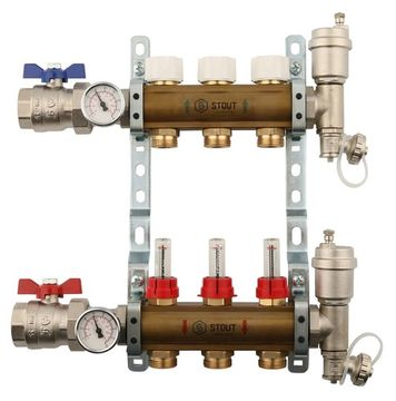 Коллектор Stout 1"x3/4" 3 контура с расходомерами в сборе из латуни SMB-0473-000003