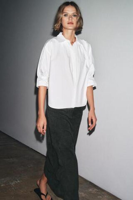 ZARA РУБАШКА СО СКЛАДКАМИ И ОБЪЕМНЫМИ РУКАВАМИ ZW COLLECTION, БЕЛЫЙ