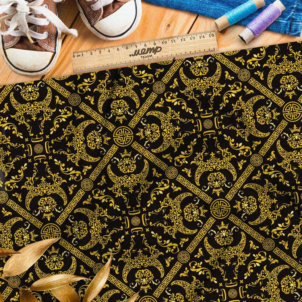 Ткань бифлекс богатый самурайский узор на чёрном фоне