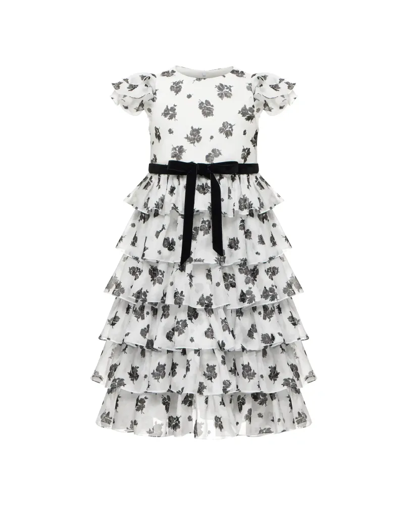 Ava, платье детское из молочного шифона с цветочным принтом, с бантом