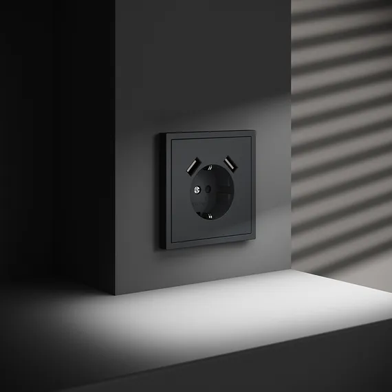 Розетка встраиваемая VOLTUM S70 с заземлением и защитными шторками, 16А, с USB, A+A, (графит) vls040407