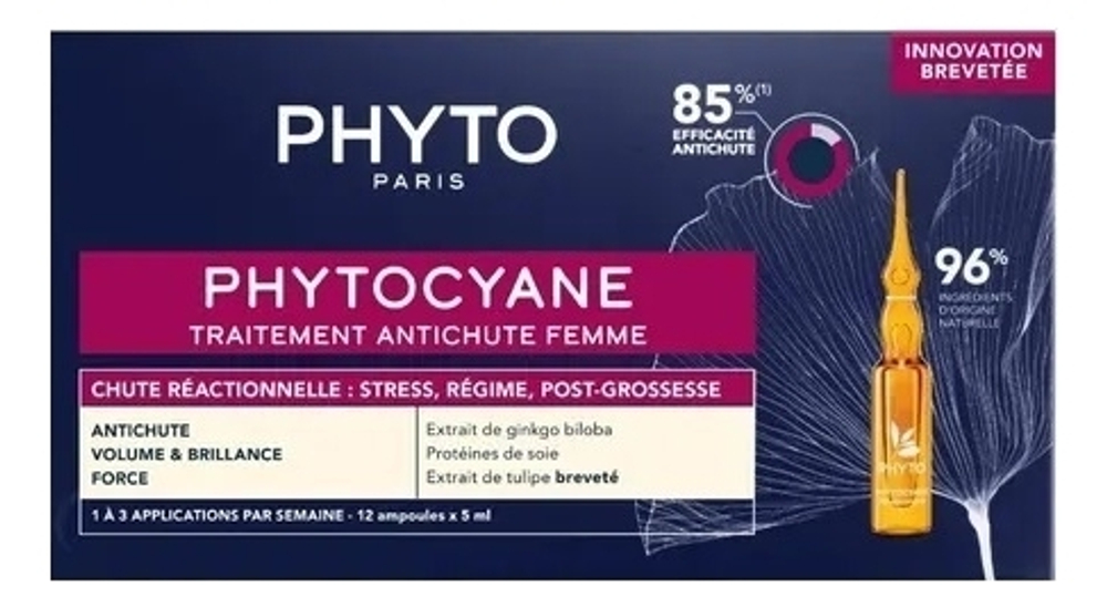 Phyto Фитоциан Сыворотка против реакционного выпадения волос для женщин Phytocyane Traitement Antichute Femme 85% 12*5 мл