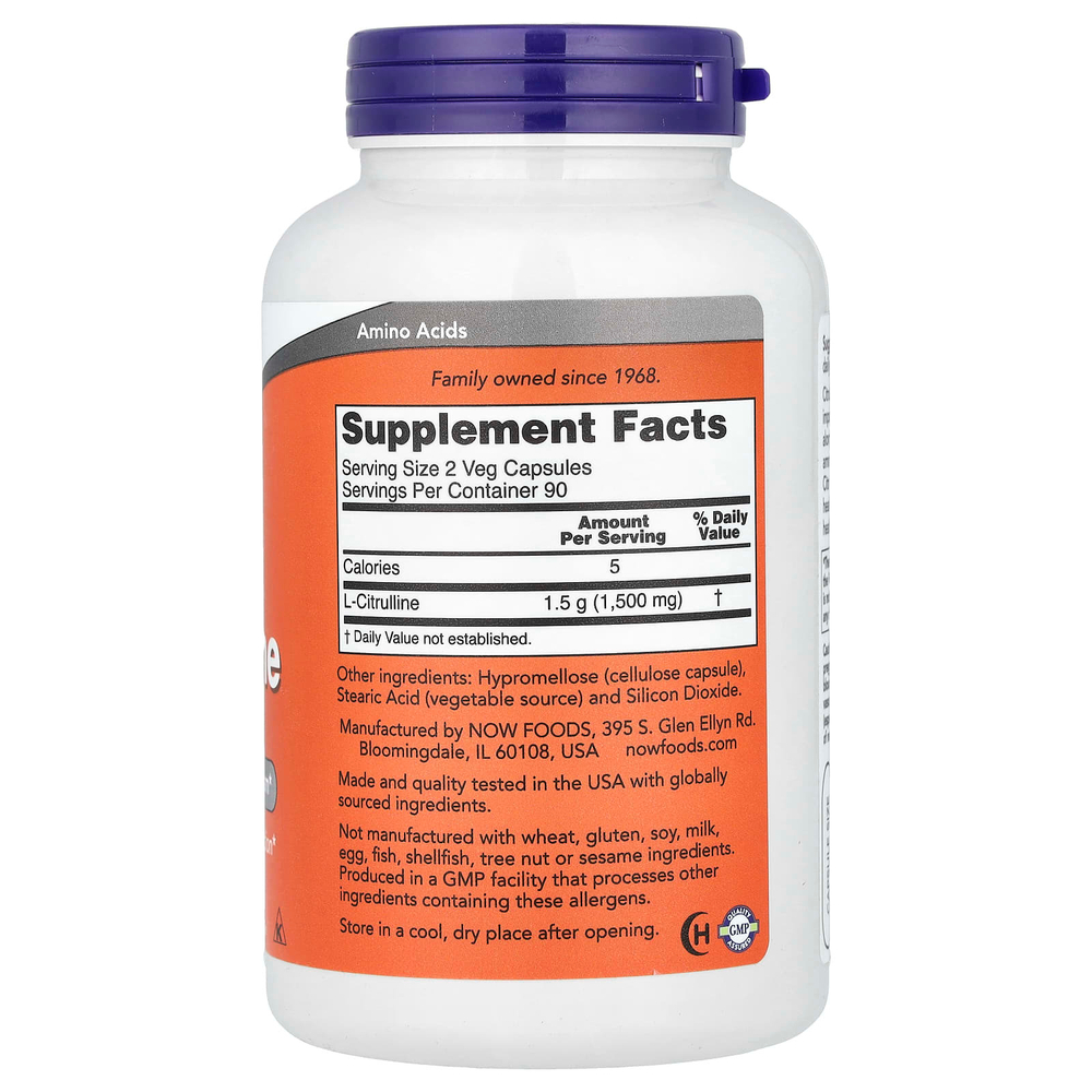 NOW Foods, L-цитруллин, 750 мг, 180 растительных капсул