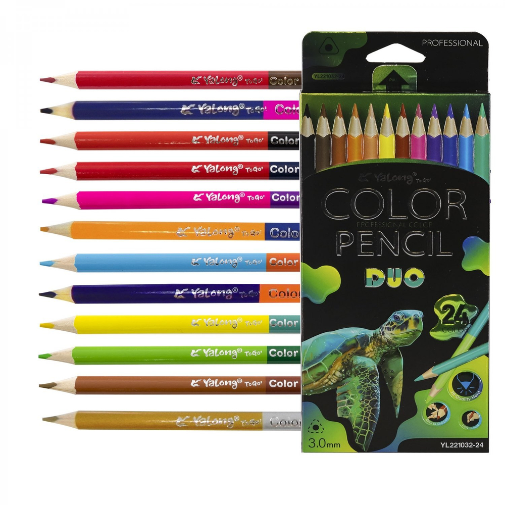 Карандаши цветные двусторонние Yalong 12/24 цв., "Неоновые животные" деревянные, трехгранные, заточенные, грифель 3.0 мм, картон. уп., европодвес
