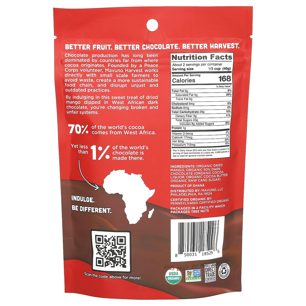 Mavuno Harvest, сушеное органическое манго, в темном шоколаде, 84 г (3 унции)