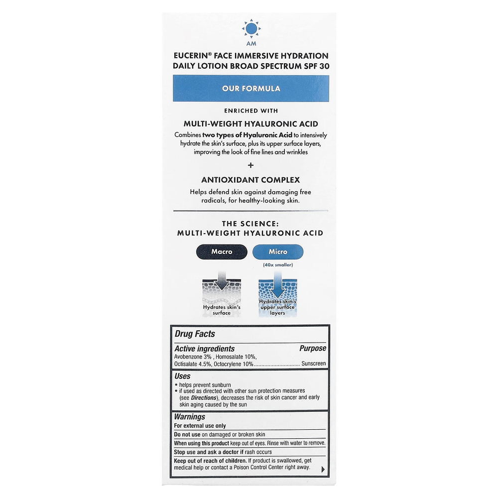 Eucerin, Face, ежедневный лосьон для иммерсивного увлажнения, SPF 30, 75 мл (2,5 жидк. унц.)