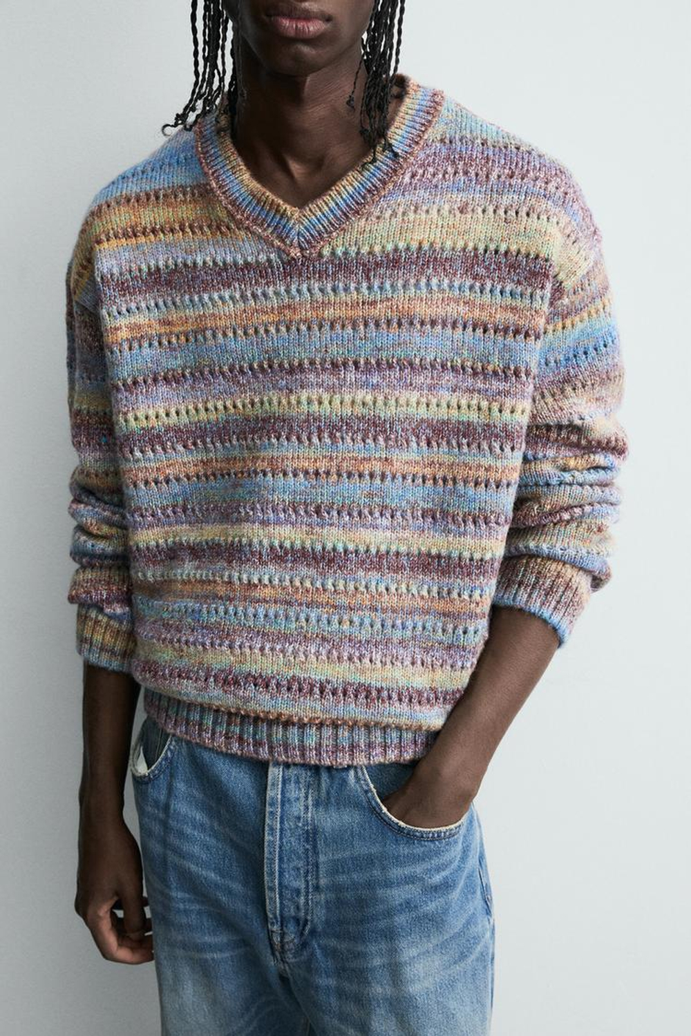 ZARA ДЖЕМПЕР В ПОЛОСКУ С АЖУРНОЙ ВЯЗКОЙ, РАЗНОЦВЕТНЫЙ