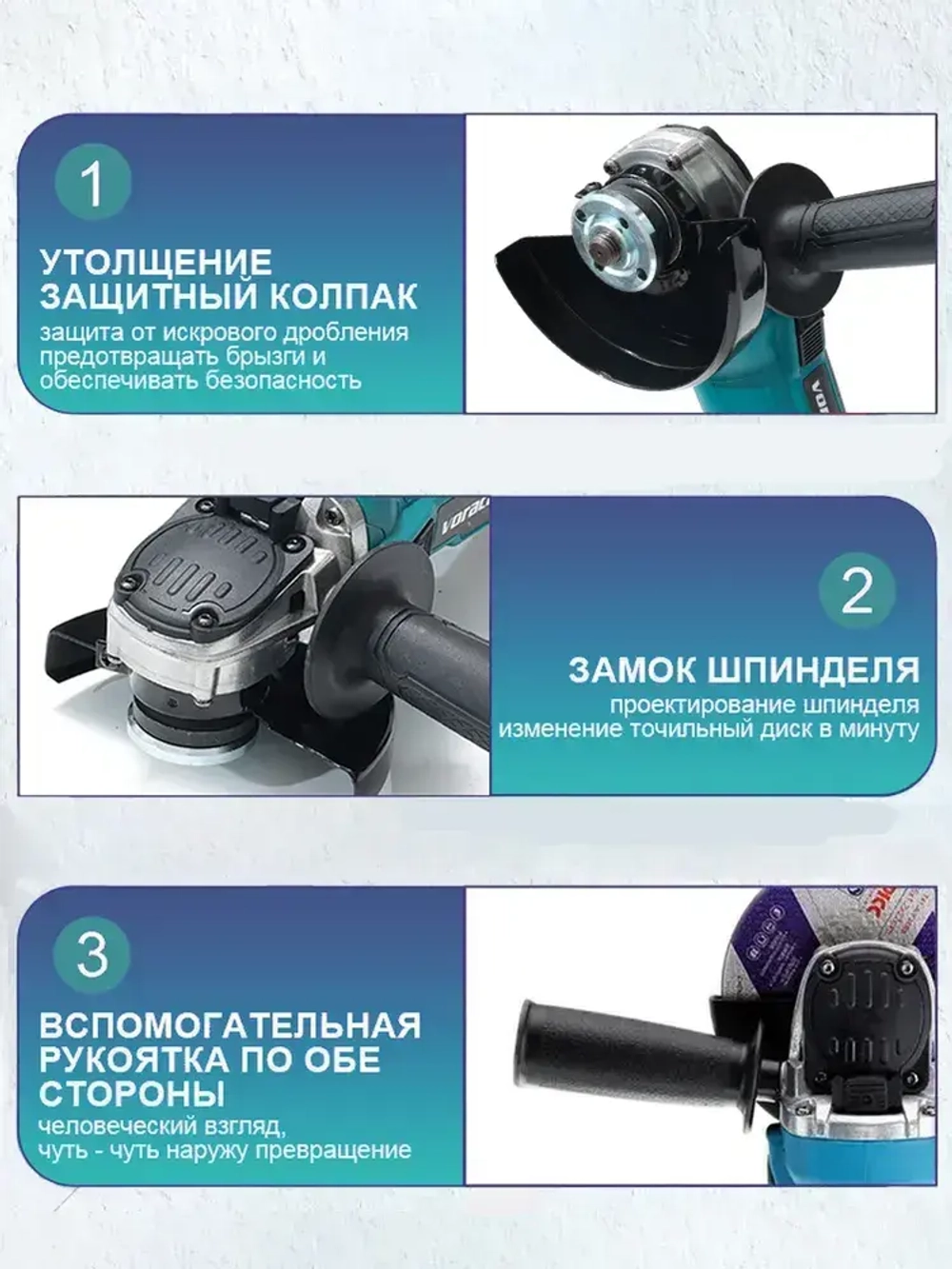 Болгарка аккумуляторная бесщеточная , УШМ 125 мм, плавный пуск с регулировкой до 11000 об/м, 800W, 2 АКБ и 1 ЗУ