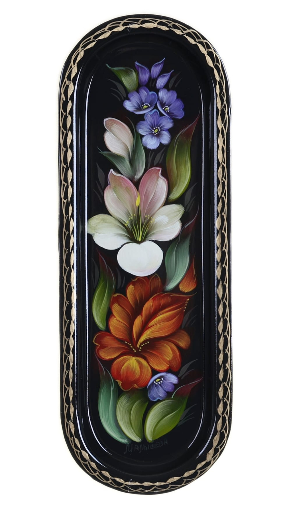 Жостовский поднос декоративный, размер 21х8 см (A4), металлический