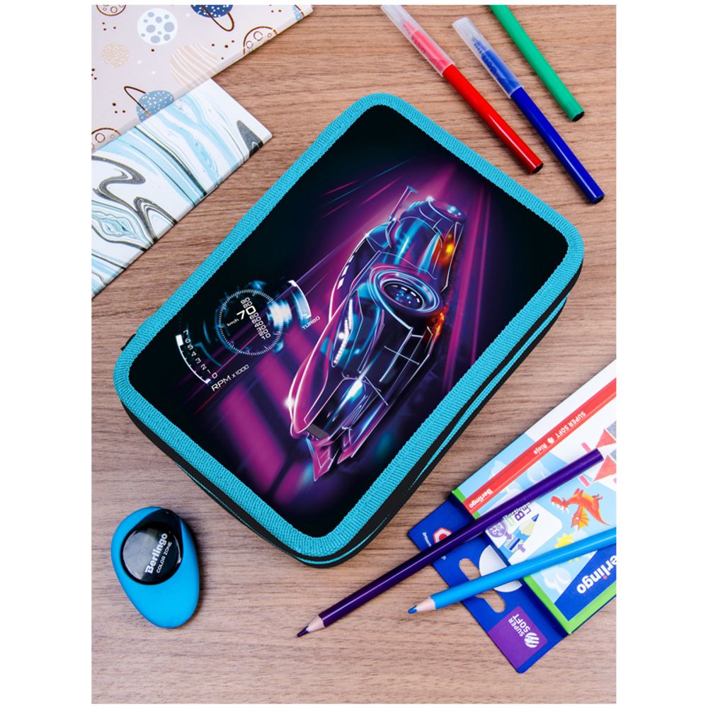 Пенал 3 отделения, 200*140*60 Berlingo "Neon car 3", полиэстер