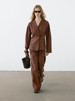 Massimo Dutti Брюки свободного кроя из 100% льна с широкими штанинами, коричневый