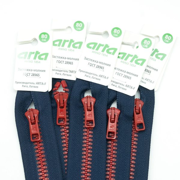 Молния трактор Arta Т6 (6 мм) 1 зам., разъем., 80 см, BiColor, цв. 044 т.синий / 008 красный, уп.5 шт