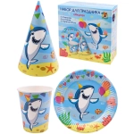 Набор для праздника «Акула» (тарелка 6шт, стаканы 6 шт, колпаки 6 шт)