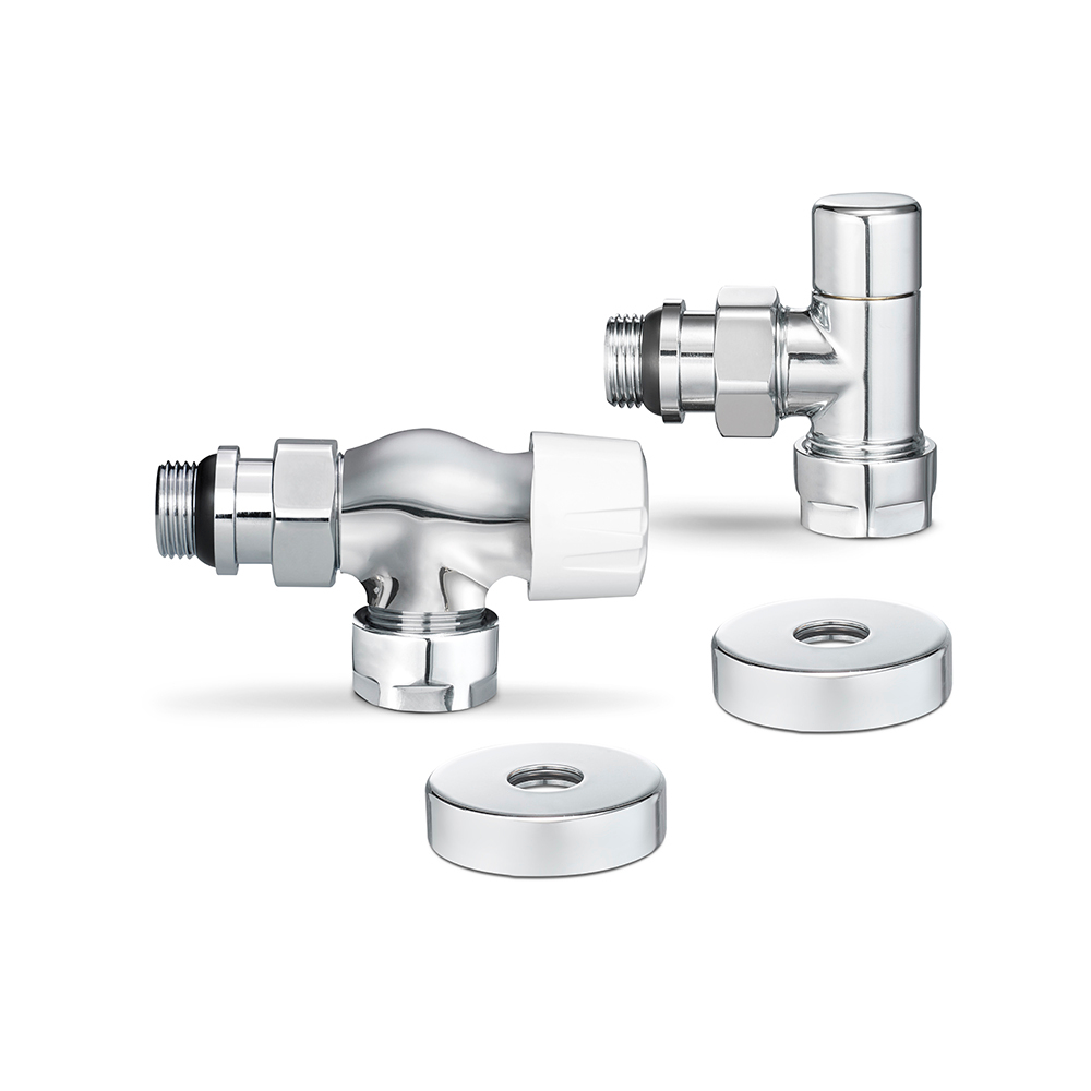 Комплект радиаторных клапанов осевой Varmega VMDV12 хром - 3/4" x 1/2" (НР/НР-американка, PN10, Tmax 110°C, O-ring)