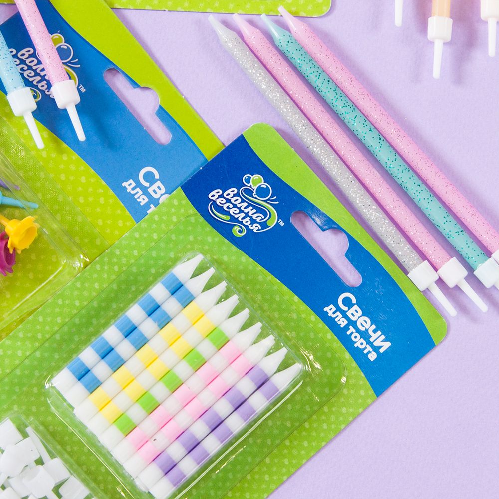 Свечи Цветные полоски, Ассорти, Макарунс, 0,6*6 см, 18 шт. с держат.