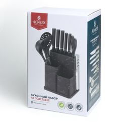 НАБОР AGNESS ИЗ 11ПР:5 НОЖЕЙ,ПОЛОВНИК,ЛОПАТКА,ШУМОВКА,ПОДСТАВКА,НОЖЕТОЧКА,НОЖНИЦЫ,ЧЕРНЫЙ МРАМОР/СЕРЫ