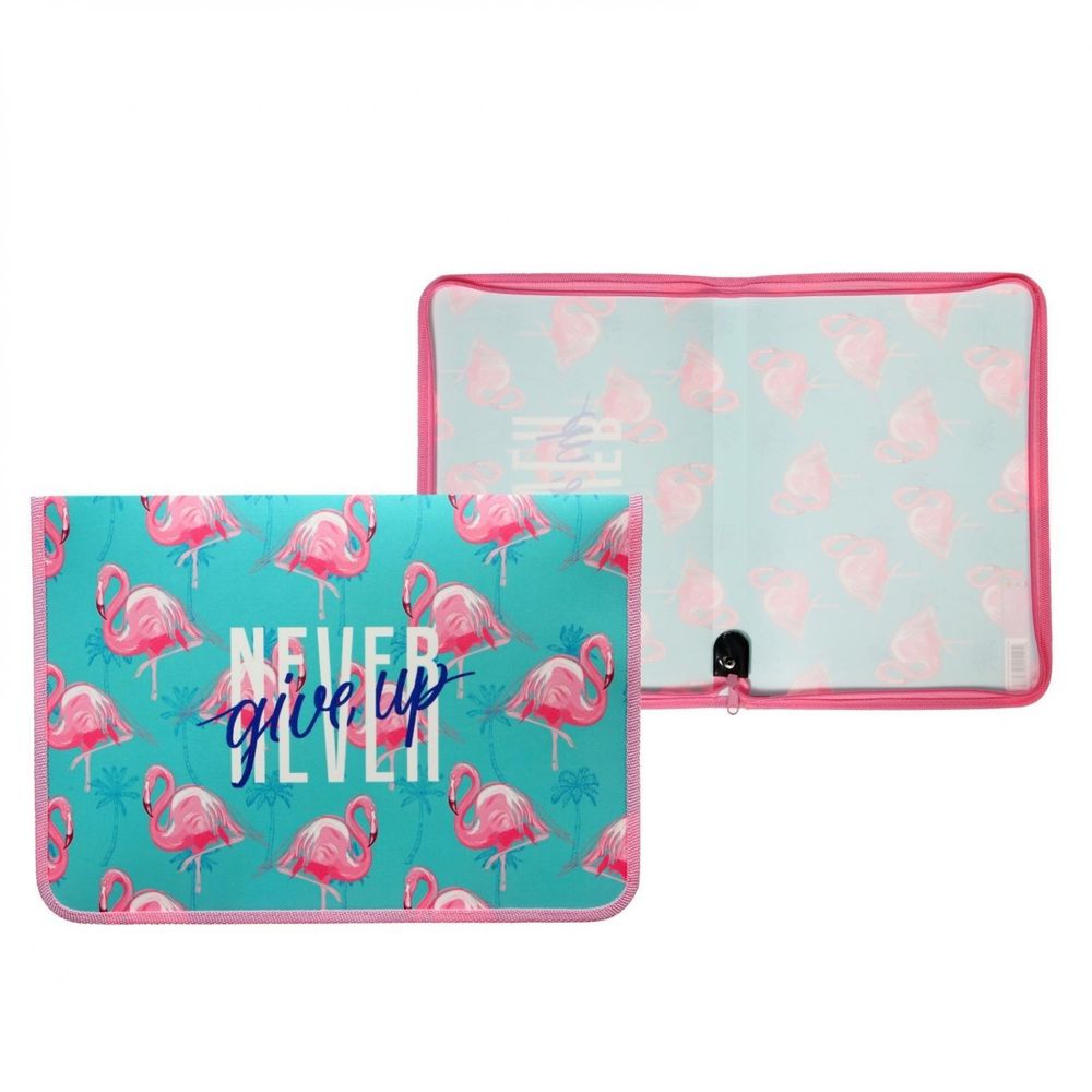 Папка 1 отделение, А4 230х325х25 мм, Пчелка, пластик, дизайн с двух сторон, молния вокруг, "Фламинго и пальмы"