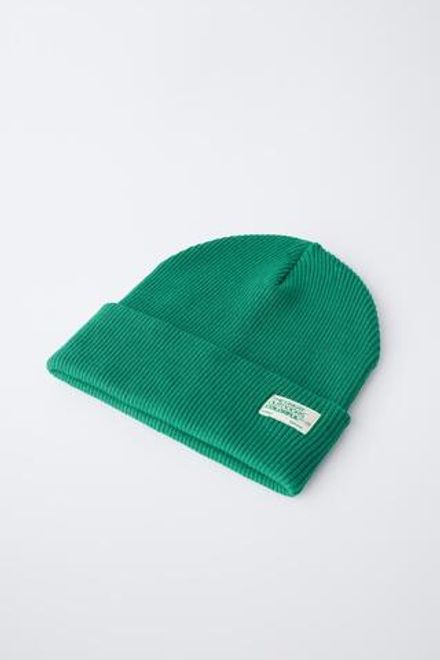 ZARA ТРИКОТАЖНАЯ ШАПКА В РУБЧИК С ЭТИКЕТКОЙ, ЗЕЛЕНЫЙ