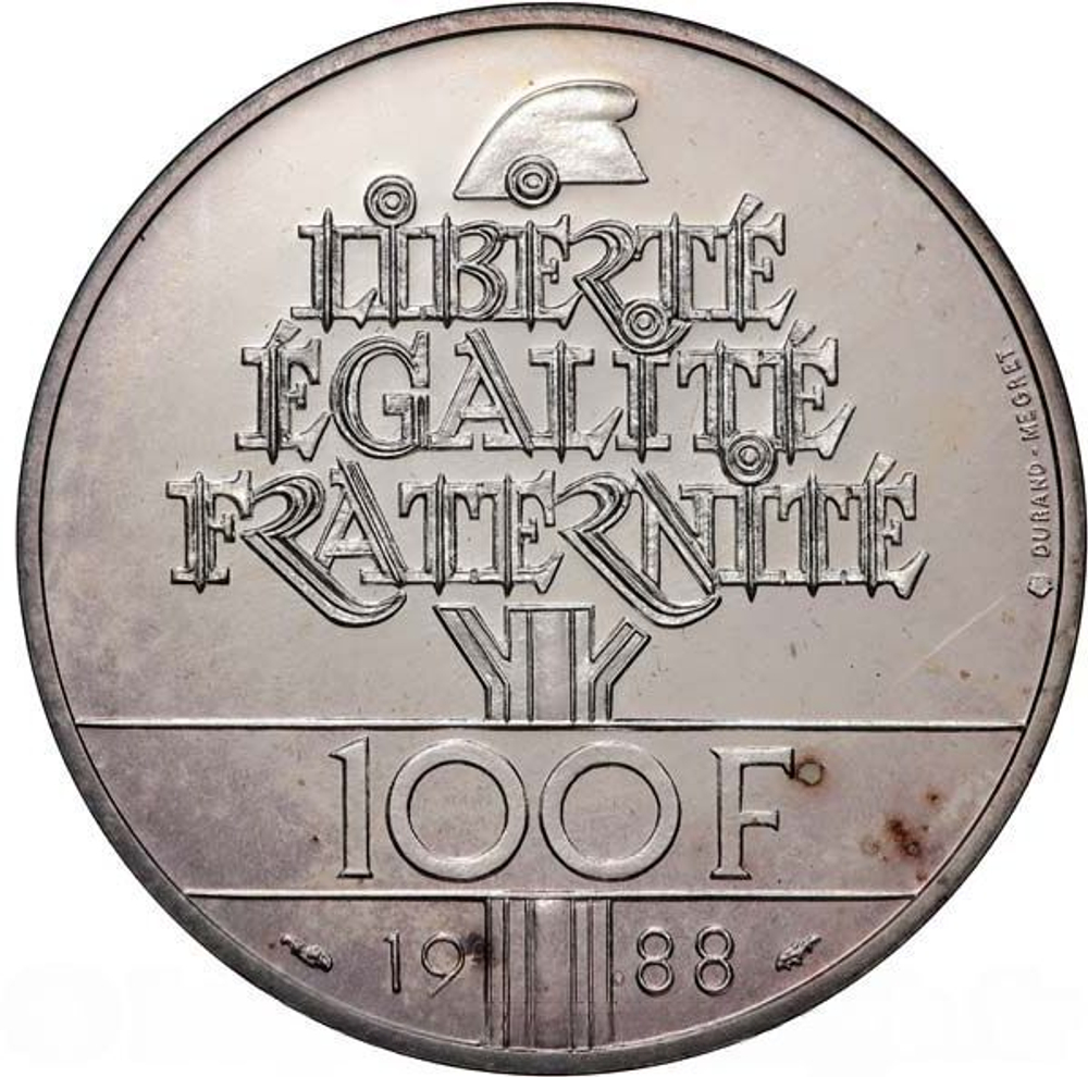 France, 100 Francs, 1988 – "Fraternité" Silver Commemorative Coin, MS