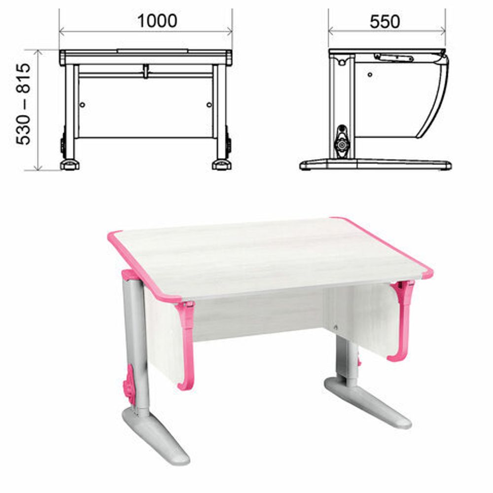 Стол-парта регулируемый "ДЭМИ" СУТ.43, 1000х550х530-815 мм, серый каркас, пластик розовый, рамух белый (КОМПЛЕКТ)