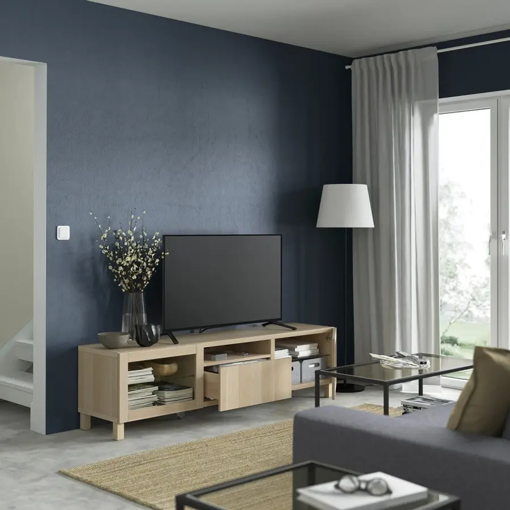 Тумба под ТВ - IKEA BESTÅ/BESTA/БЕСТО ИКЕА, 180х42х48 см, под беленый дуб