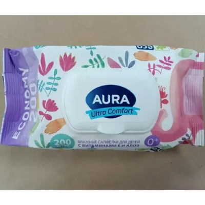 AURA ULTRA COMFORT 200шт Влажные салфетки для детей big-pack с крышкой
