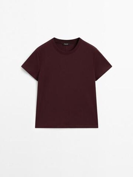 Massimo Dutti Футболка из плотного хлопка с декоративными швами, бургундский