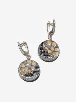 Уникальный серебряный комплект с цельным пейзажным янтарем, серебро 925 пробы