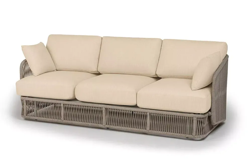 "Альбано" диван 3-местный плетеный из роупа, каркас алюминий светло-серый (RAL7035) муар, роуп серый меланж круглый, ткань Mossle светло-бежевая