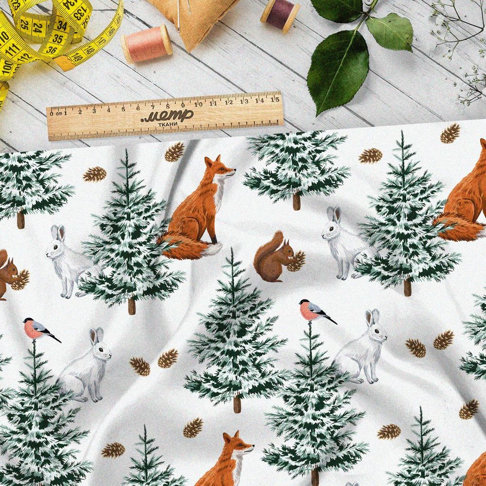 Ткань кулирная гладь лисы в елках