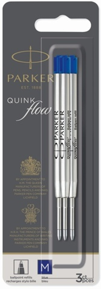 Стержни Parker для шариковой ручки 3шт. Цвет синий, толщина линии М, в блистере. Франция