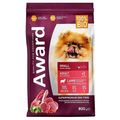 Сухой корм для собак мелких пород AWARD с ягненком и индейкой с добавлением брокколи и брусники, Пакет 800 г