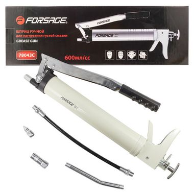 Шприц для нагнетания густой смазки ручной 600мл в комплекте с жестким(L-170мм) и гибким(L-330мм) наконечниками(привод:рычажный/пистолетного типа,1шток Forsage F-78043C