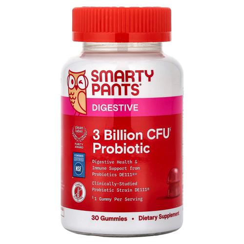 SmartyPants, Digestive, жевательные таблетки с пробиотиками, со вкусом клубники, 30 жевательных таблеток