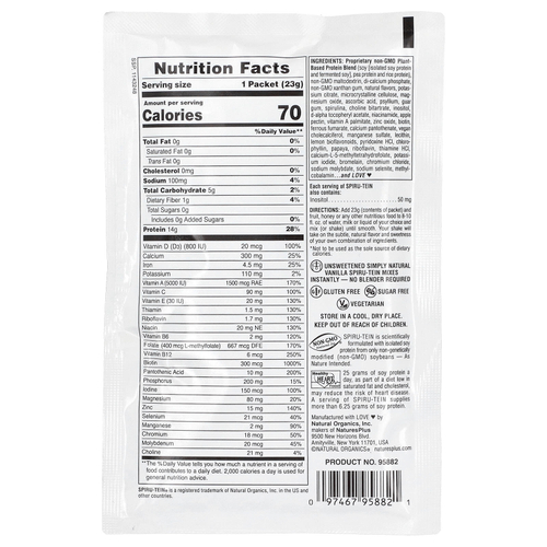 NaturesPlus, Spiru-Tein®, протеиновый порошок для приема пищи, несладкий, ваниль, 8 пакетиков по 23 г (0,8 унции)