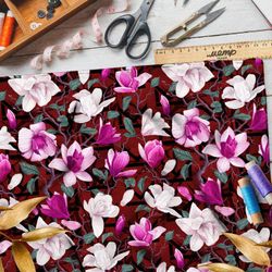 Ткань блэкаут яркие цветы и искривлённые веточки на красном фоне