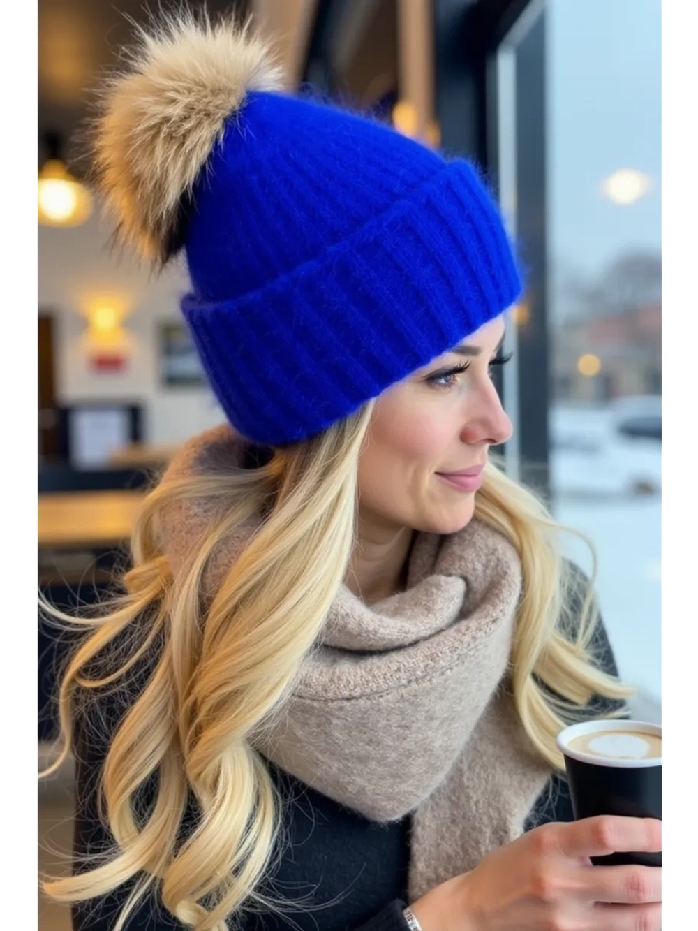 шапка ангора с меховым помпоном зимняя пушистая стильная