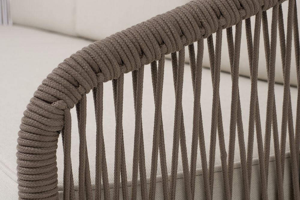 "Канны" диван 3-местный плетеный из роупа, каркас алюминий коричневый (RAL8016) муар, роуп коричневый круглый, ткань бежевая 035