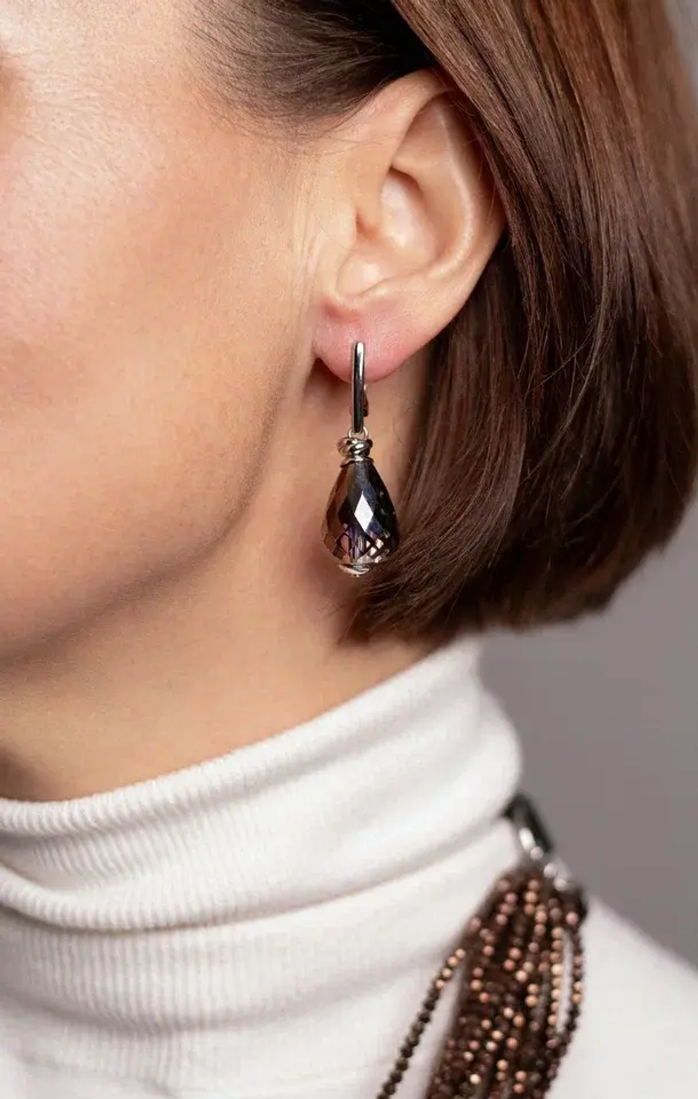 Серьги "Венеция" двухсторонние коричневый-фуксия, фурнитура серебро