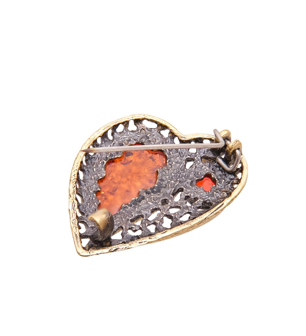 AM-3493 Брошь «Сердце для двоих» (латунь, янтарь)