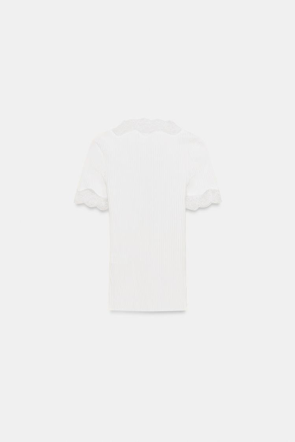 ZARA ФУТБОЛКА В РУБЧИК С КРУЖЕВОМ, БЕЛЫЙ