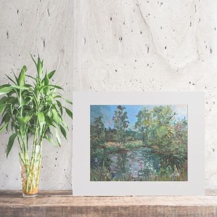 Картина авторская маслом на холсте в паспарту 30х40 см на стену для интерьера "Лесное озеро"