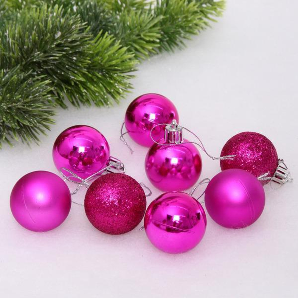 Новогодние шары 4 см (набор 24 шт) "Микс фактур", фуксия (Серпантин)