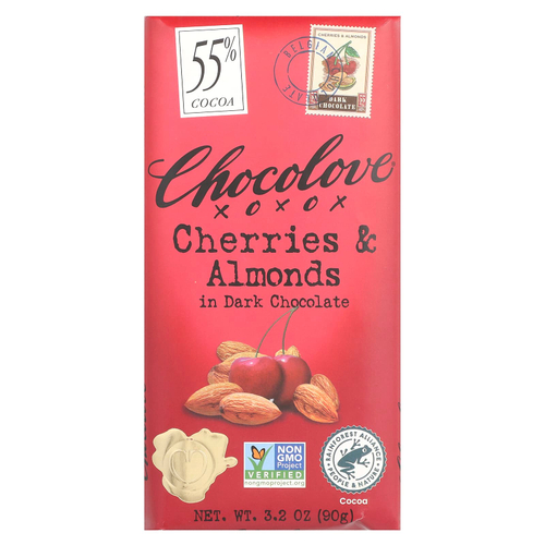 Chocolove, вишни и миндаль в темном шоколаде, 55% какао, 90 г (3,2 жидк. унции)