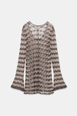 ZARA АЖУРНОЕ МИНИ-ПЛАТЬЕ С БЛЕСТЯЩЕЙ НИТЬЮ, ПОЛОСКИ