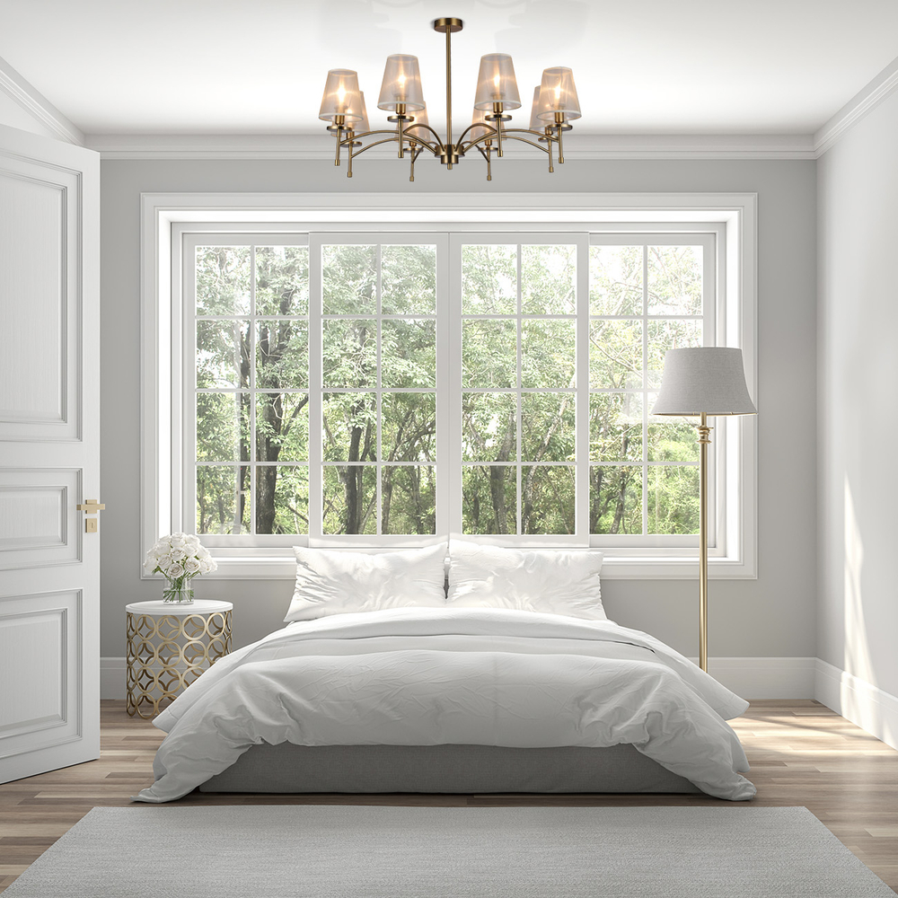 Светильник на штанге 8x40Вт E14, металл/ткань, золото/белый плафон