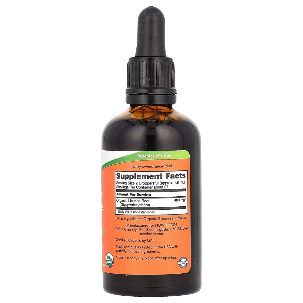 NOW Foods, Сертифицированный органический корень солодки, 480 мг, 59 мл (2 жидк. Унции)