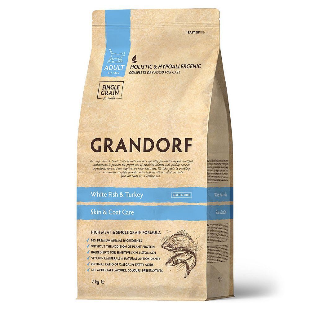 Сухой корм GRANDORF CAT White Fish &amp; Turkey Skin &amp; Coat Care для кошек с белой рыбой и индей
